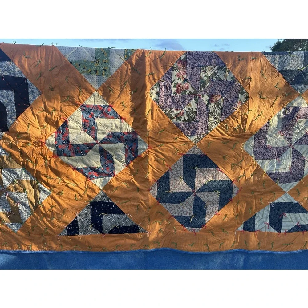 Vintage Hand Stitched Pinwheel Quilt, Approximately 68
